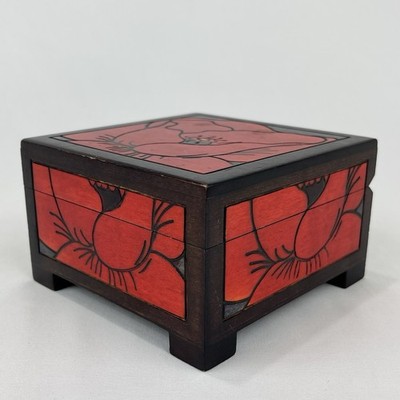 Enchanted World of Boxes Square Wooden Keepsake Trinket Box Hand Painted Poppy