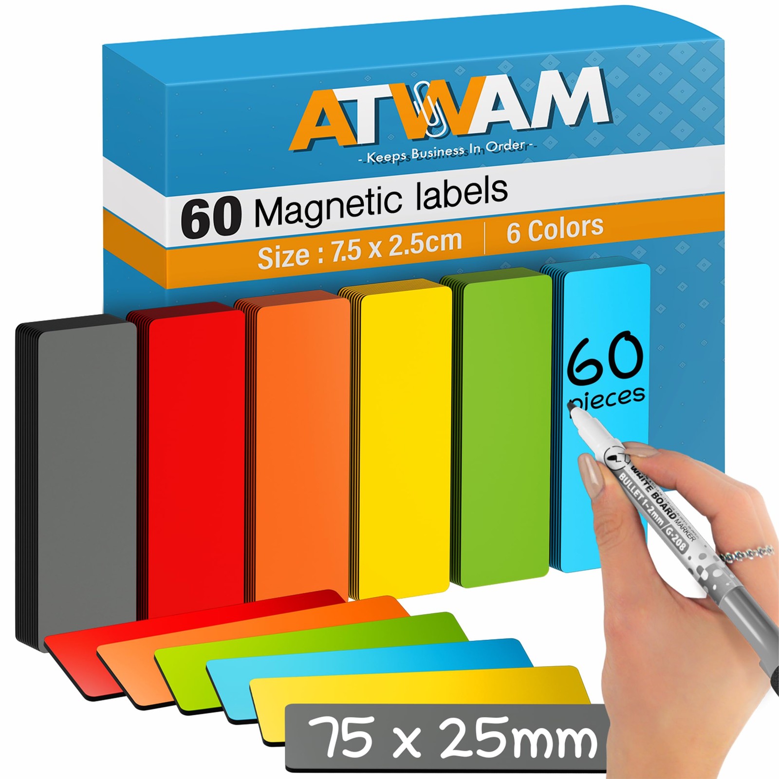 ATWAM 60 Magnetic Labels 75 x 25 mm - Writable Magnets - Magnetic Strips | 6 Colors - Scrum & Kanban - Writeable Magnetic Notes - Whiteboard Magnets for Magnetic Board, Magnetic Wall & Fridge - Image 2