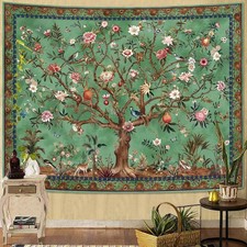 Boho Tree of LIfe Tapestry Vintage Flower Leaves Birds Plant Animal Pattern
