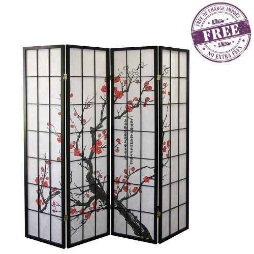 Roundhill Furniture Japanese 4-Panel Screen Room Divider, Plum Blossom - Black