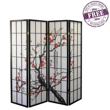 Roundhill Furniture Japanese 4-Panel Screen Room Divider, Plum Blossom - Black