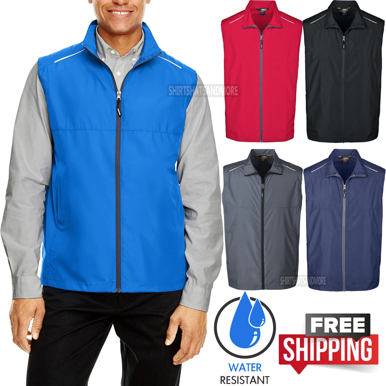 Mens Lite Unlined Vest Water Resistant Front Zipper Reflect Piping Pockets S-5XL