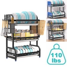3 Tier Kitchen Dish Drainer Plates Bowls Holder Storage Rack Dryer Organizer