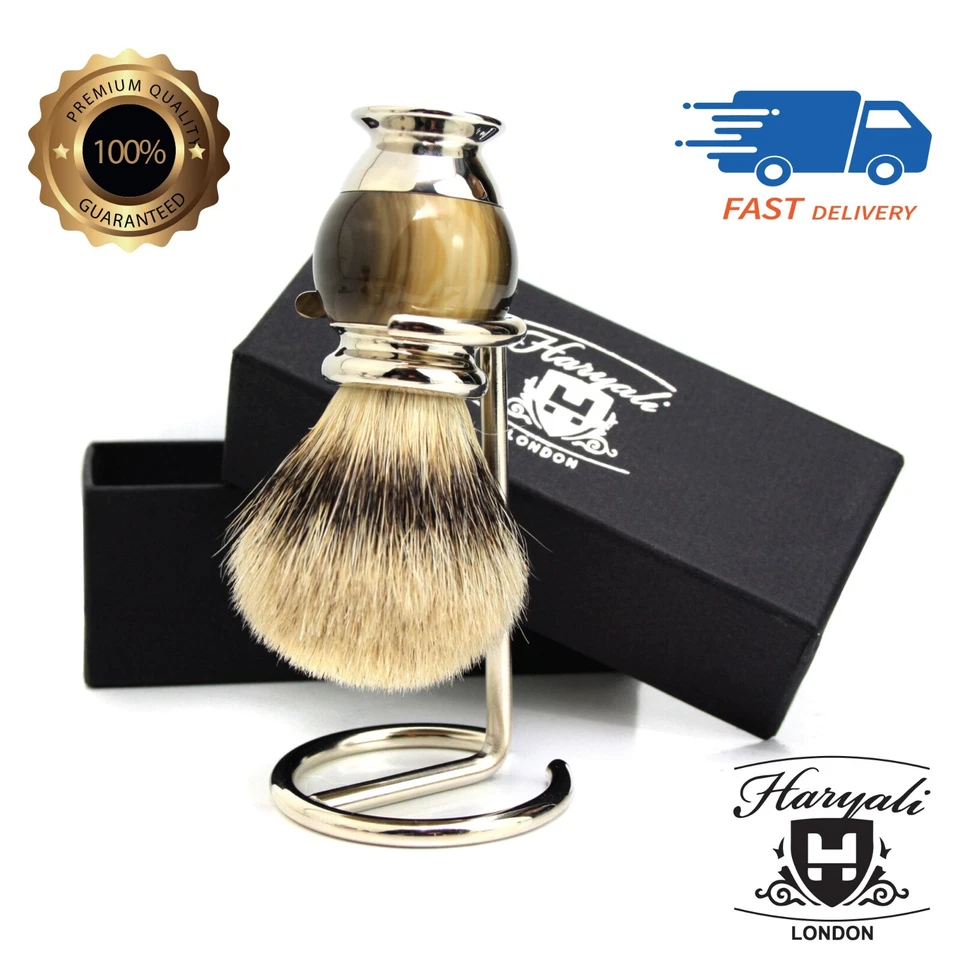 HARYALI LONDON Synthetic silver tip hair Brush with Brush Holder Stand for Men Ever Beard Shave