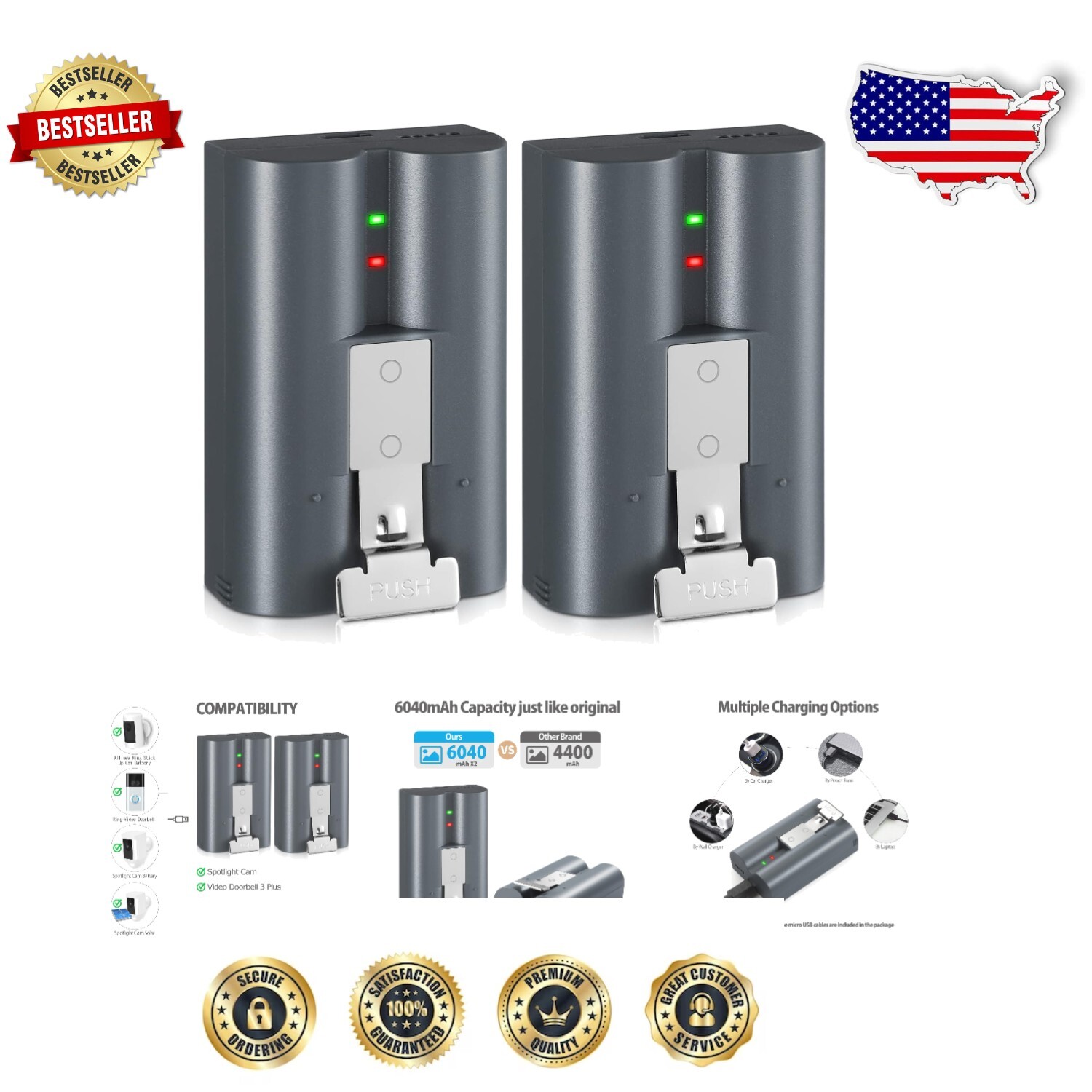 Ring-Compatible 6040mAh Rechargeable Battery Pack - 2 Lithium Ion Batteries