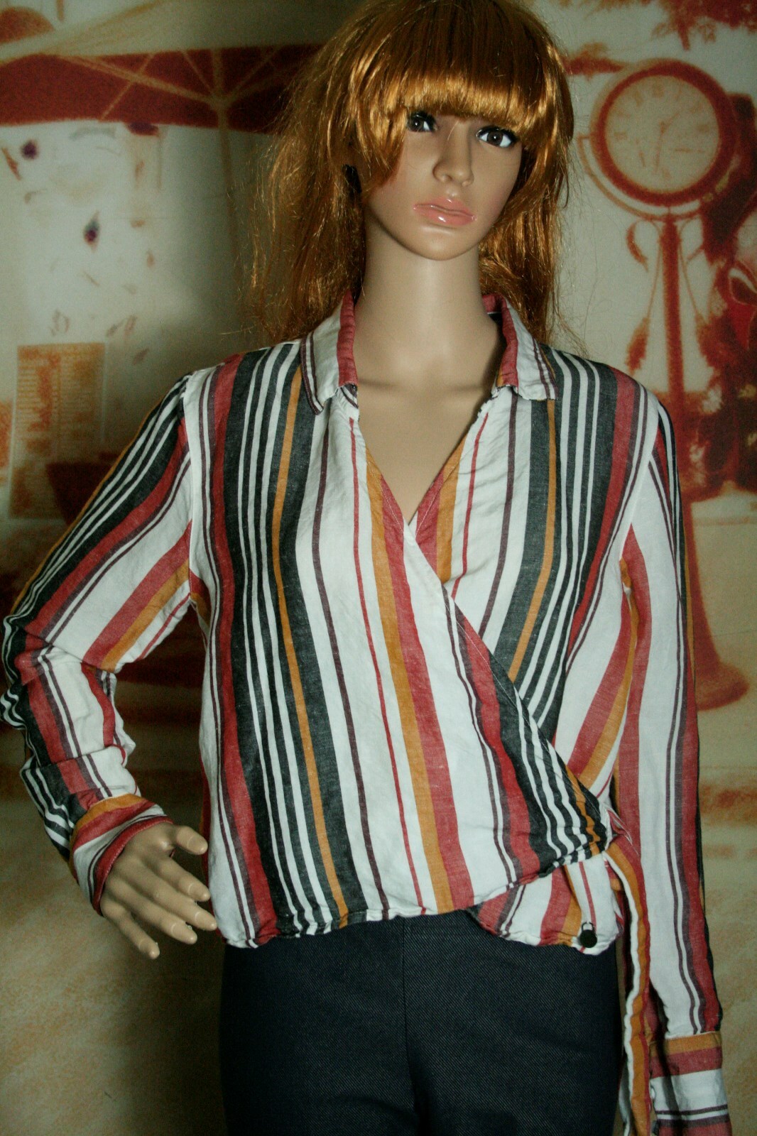 FILA Top Stone Row Smoka Dot bianco camicia avvolgente multi righe donna taglia M (8)