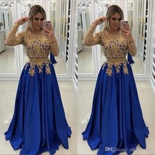Royal Blue Long Sleeves Evening Dresses Gold Applique Beaded Long Evening Gowns