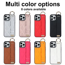 For iPhone 16 16 Pro Max 15 Soft Leather Kickstand Shockproof Case+Wrist Strap 