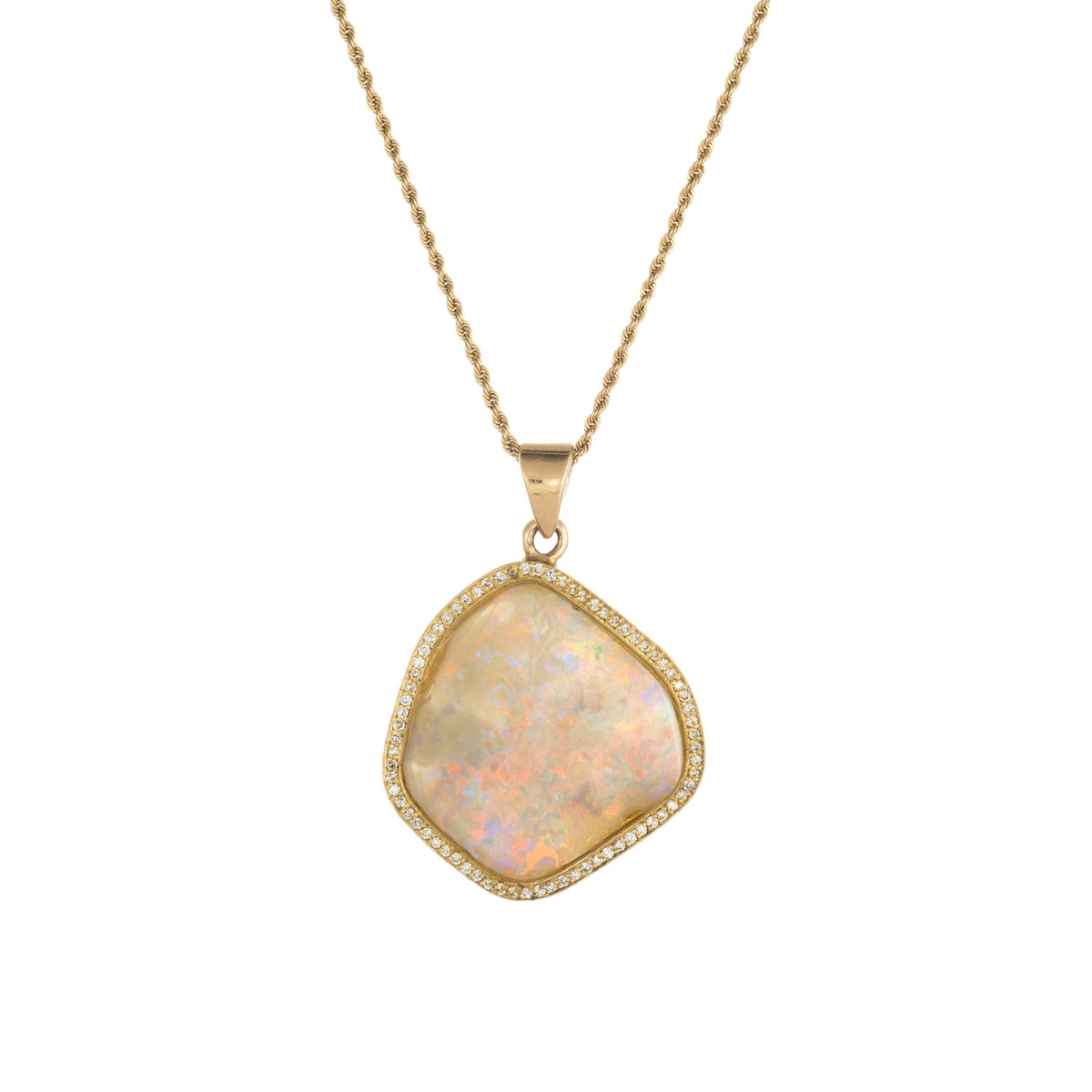 Natural Opal Diamond Pendant Necklace Estate 18k Yellow Gold