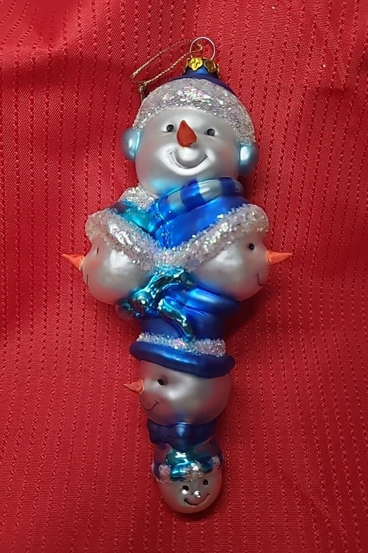 Snowman Totem Glass Christmas Ornament Glitter 6" Blue White