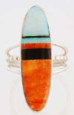 Native American Handmade Sterling Silver with Multi-Stone Inlay Ring Size 8