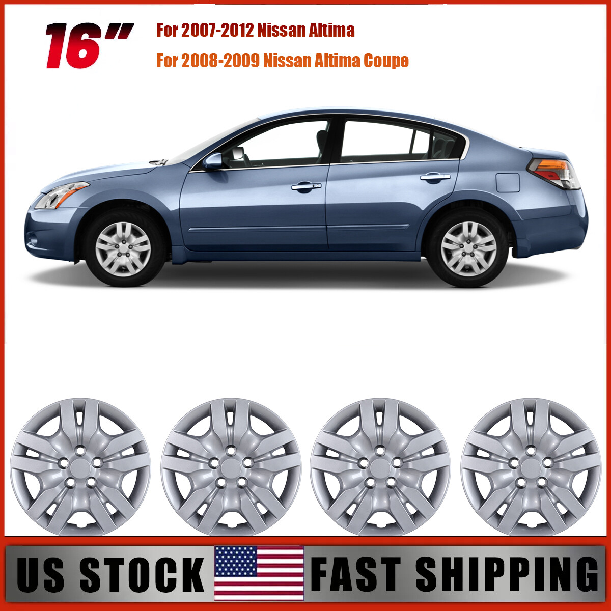4 Silver 16-Inch Wheel Rim Covers for 2007-2012 Nissan Altima & Coupe  