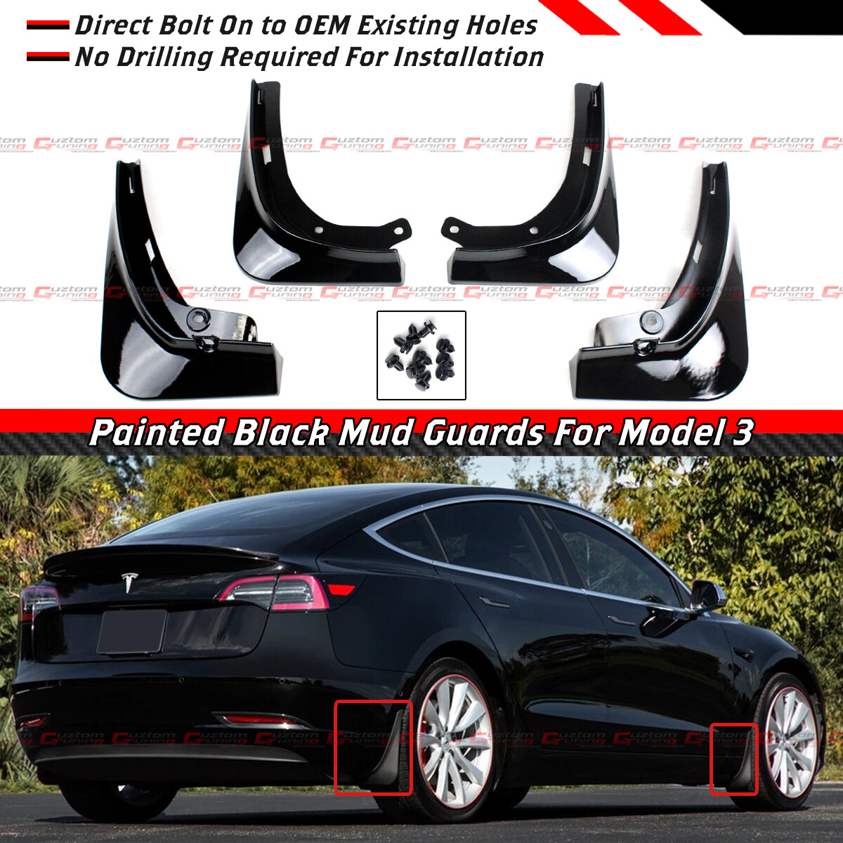 No-drill Installation Splash Guards No-Drilling Mud Flaps For Tesla Model 3 2017-2023 - Carbon Fiber Rock Chip Protection Tesla - View #8