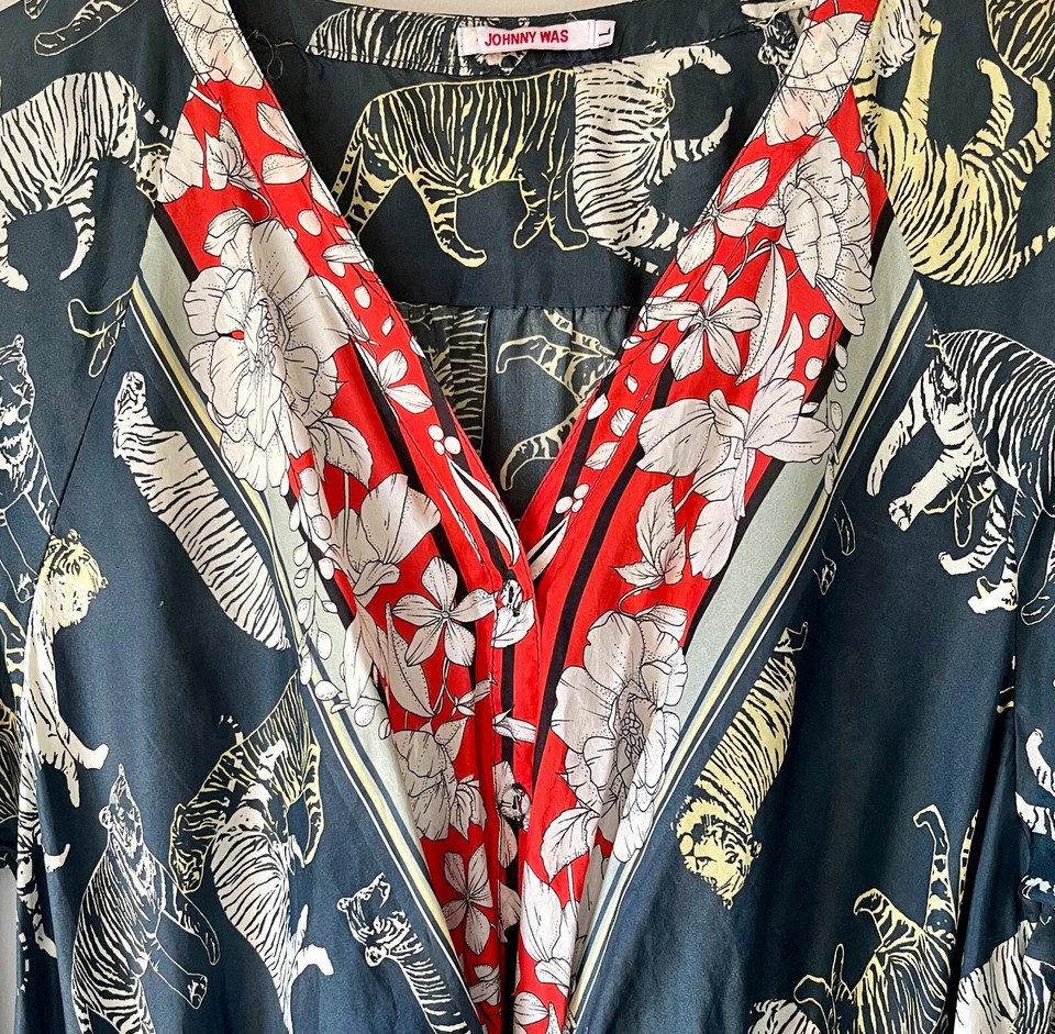 799 JOHNNY WAS Flowy SILK 'ADA' TIGER Dress L eBay