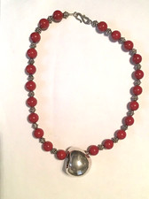 BALI STERLING SILVER RED CERAMIC BEADED NECKLACE WITH PUFFY STERLING PENDANT Vtg