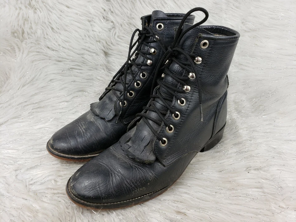 JUSTIN BOOTS Niñas Junior Botas de Cuero Negro Kiltie Talla 4.5 Foto 2 de 4