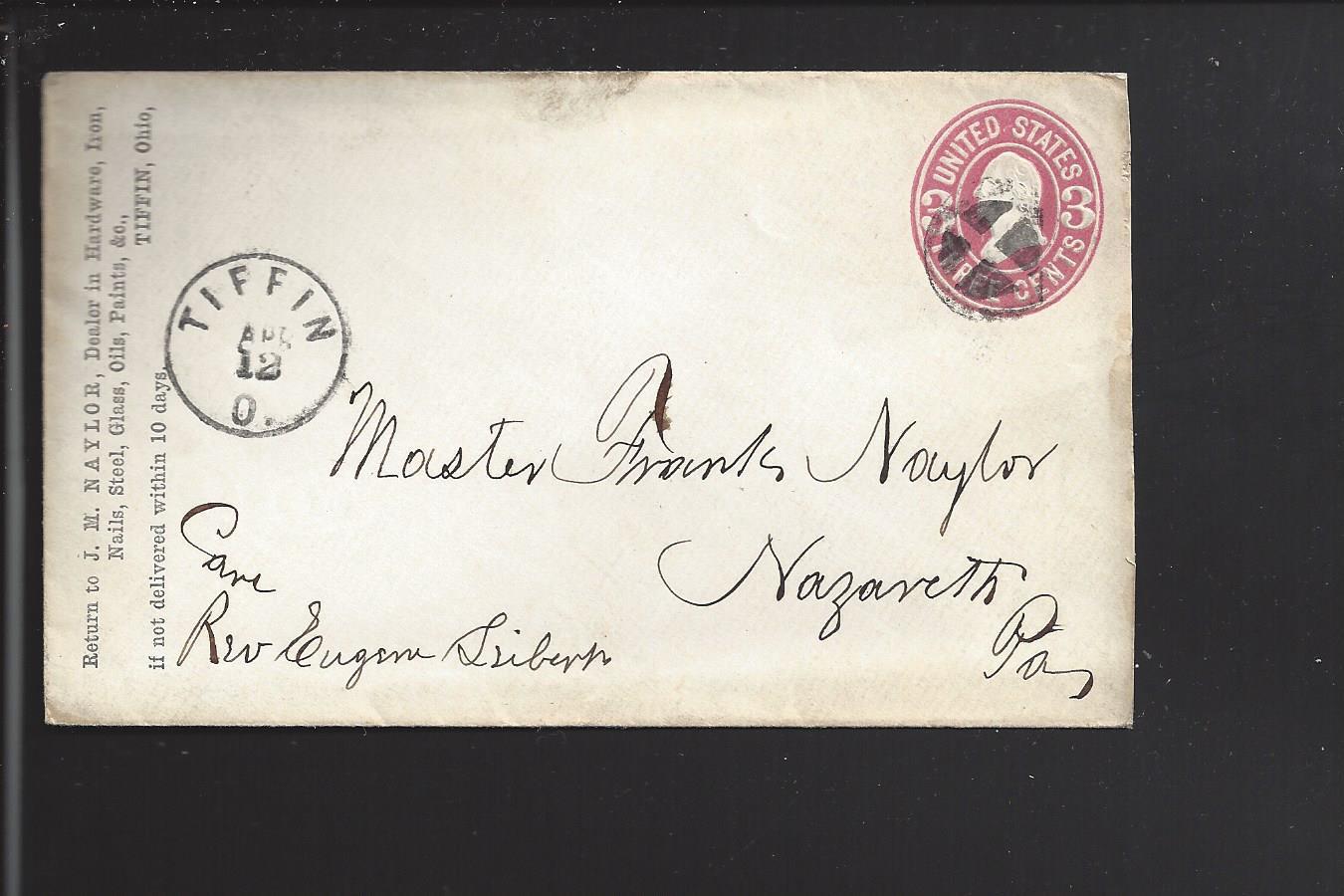 TIFFIN,OHIO 3CT PINK ENTIRE, ADVT J.M. NAYLOR, HARDWARE, SENECA CO 1825