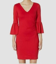 $500 Nicole Miller Women Red Ponte Ruched Bell Sleeve Sheath Dress Size Petite P