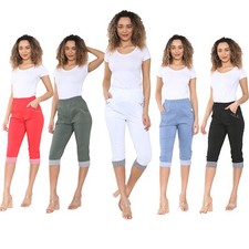 WOMENS CHERRY BERRY 3/4 THREE QUARTER LADIES BENGALINE CROPPED PANTS BOTTOMS