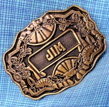 JIM Belt Buckle Iconic 70s Name Plate Western Scroll Vintage Oden Inc    .XTT697