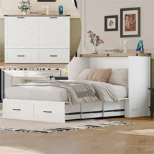 Full Size Murphy Cabinet Bed with Charging Station & Large Storage Drawer-White