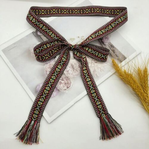 Women Boho Ethnic Belt Waistband Woven Waist Rope Tassel Jacquard Ribbon