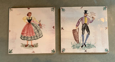 2 RARE Vintage ULMER KERAMIK GERMANY 6'' Glazed Wall Tiles Hand-Painted Folk Art