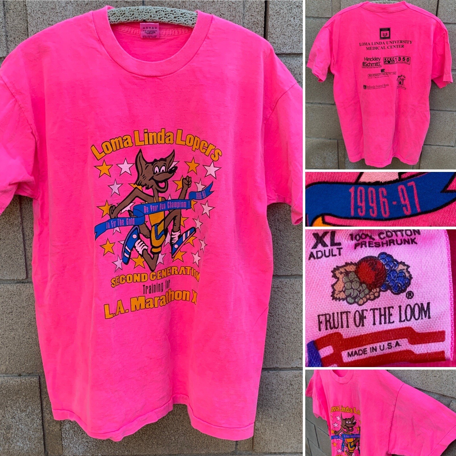 Vintage Loma Linda Lopers Marathon Training T Shirt 90s Neon Pink Size