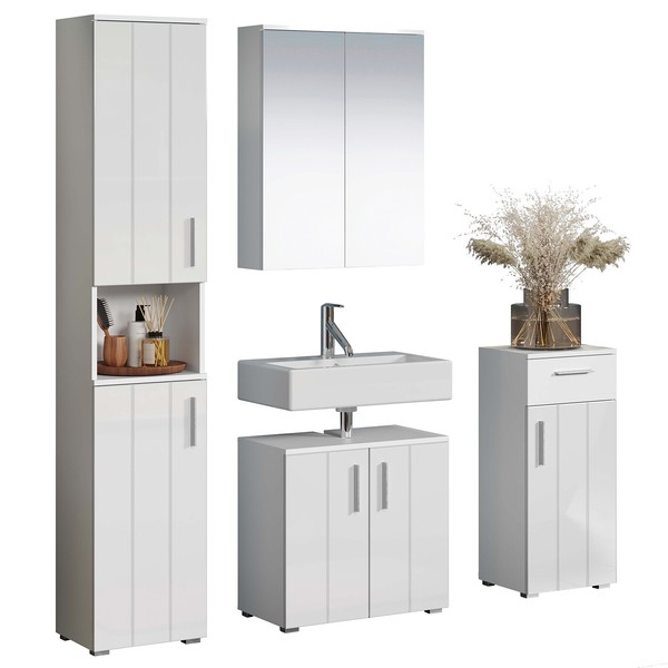 Trendteam 4Tlg Badset Kommode Waschbeckenunterschrank Spiegelschrank Hochschrank-image