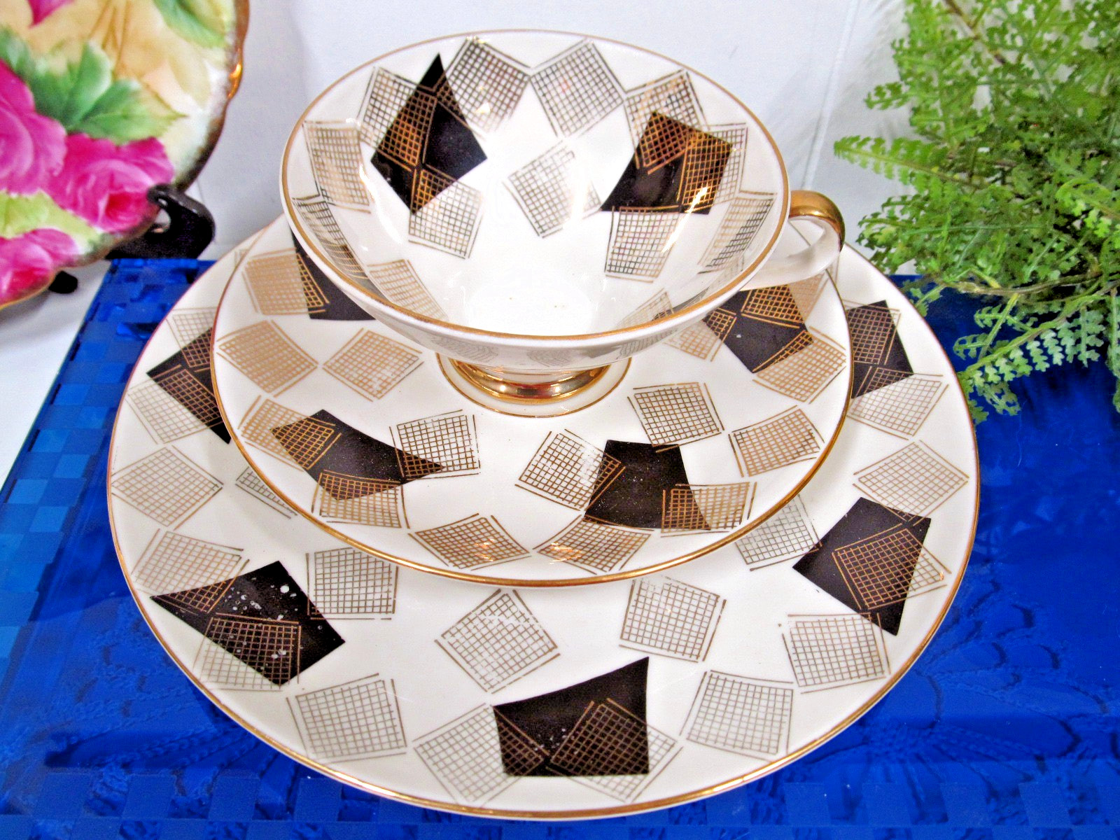 Bavaria Germany tea cup and saucer trio black & thick gold   teacup German 1950s