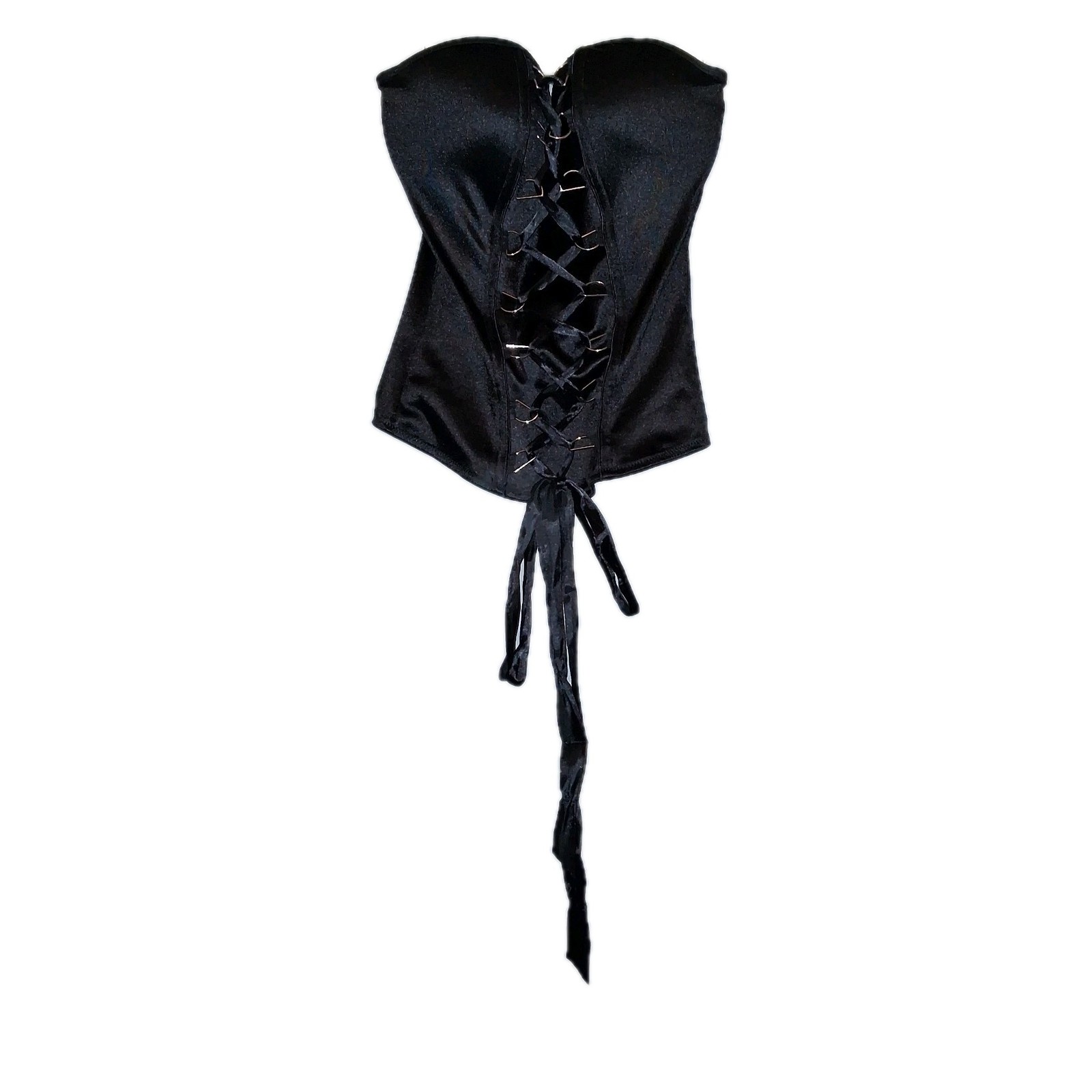Corset Large Black Satin Lace Up Front Hook & Eye Back Goth Spirit Halloween