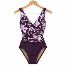 Lands End Womens Purple Floral Wrap Front One Piece Swimsuit Size 8 New