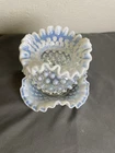 VTG Fenton Ruffled Edge Opalescent Hobnail Clear White/Blue Small Vase  4.5” x 4