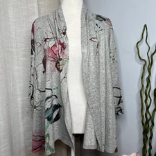 Inoah Open Front Cardigan Sweater Watercolor Floral Gray Pink Women's Size Small
