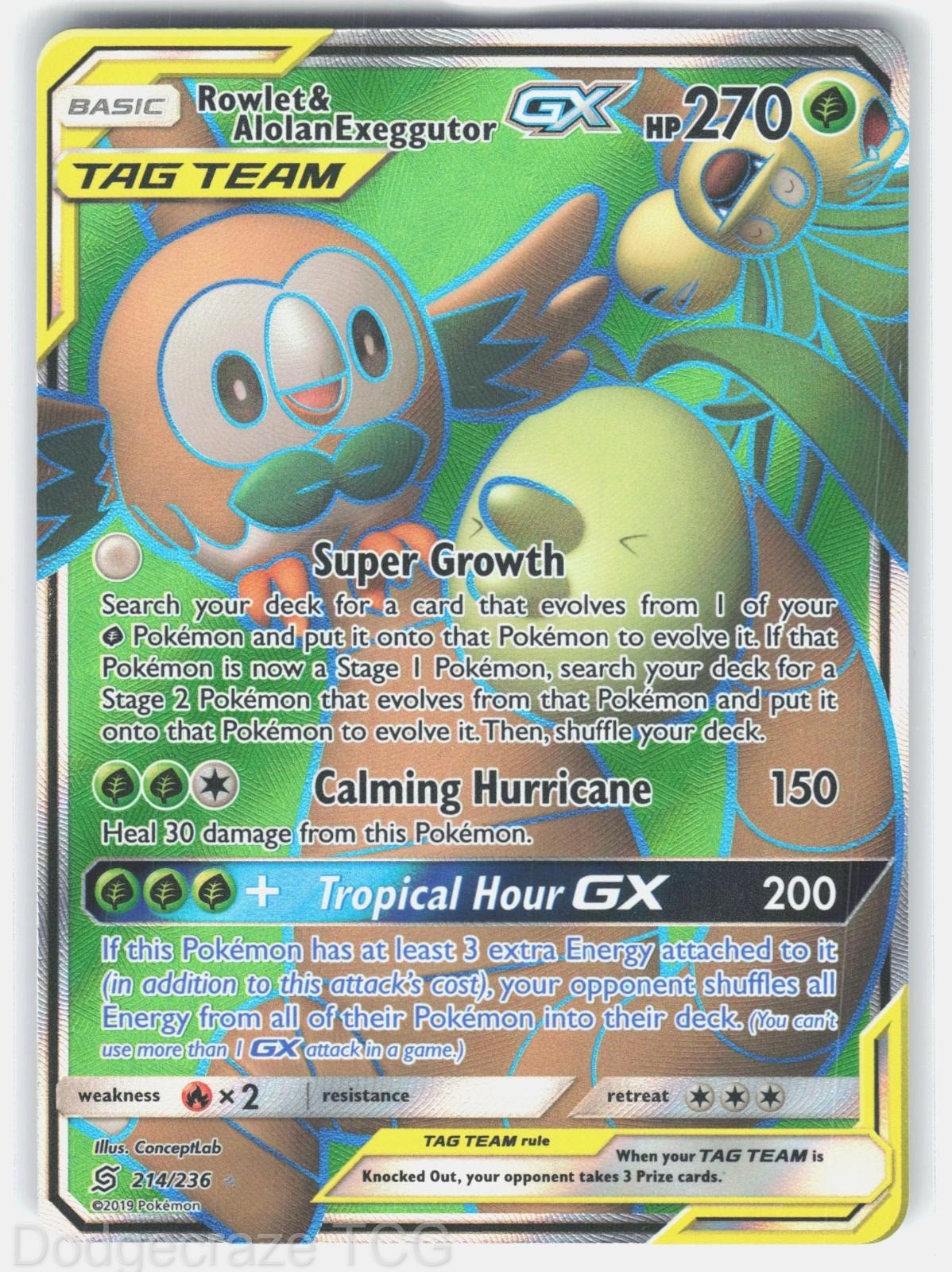 Rowlet & Alolan Exeggutor GX 214/236 Ultra Rare Unified Minds Pokemon LP
