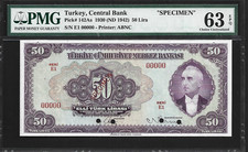 Turkey Specimen 50 Lirasi 1930 PMG 63 EPQ UNC P#142As Printer: ABNC