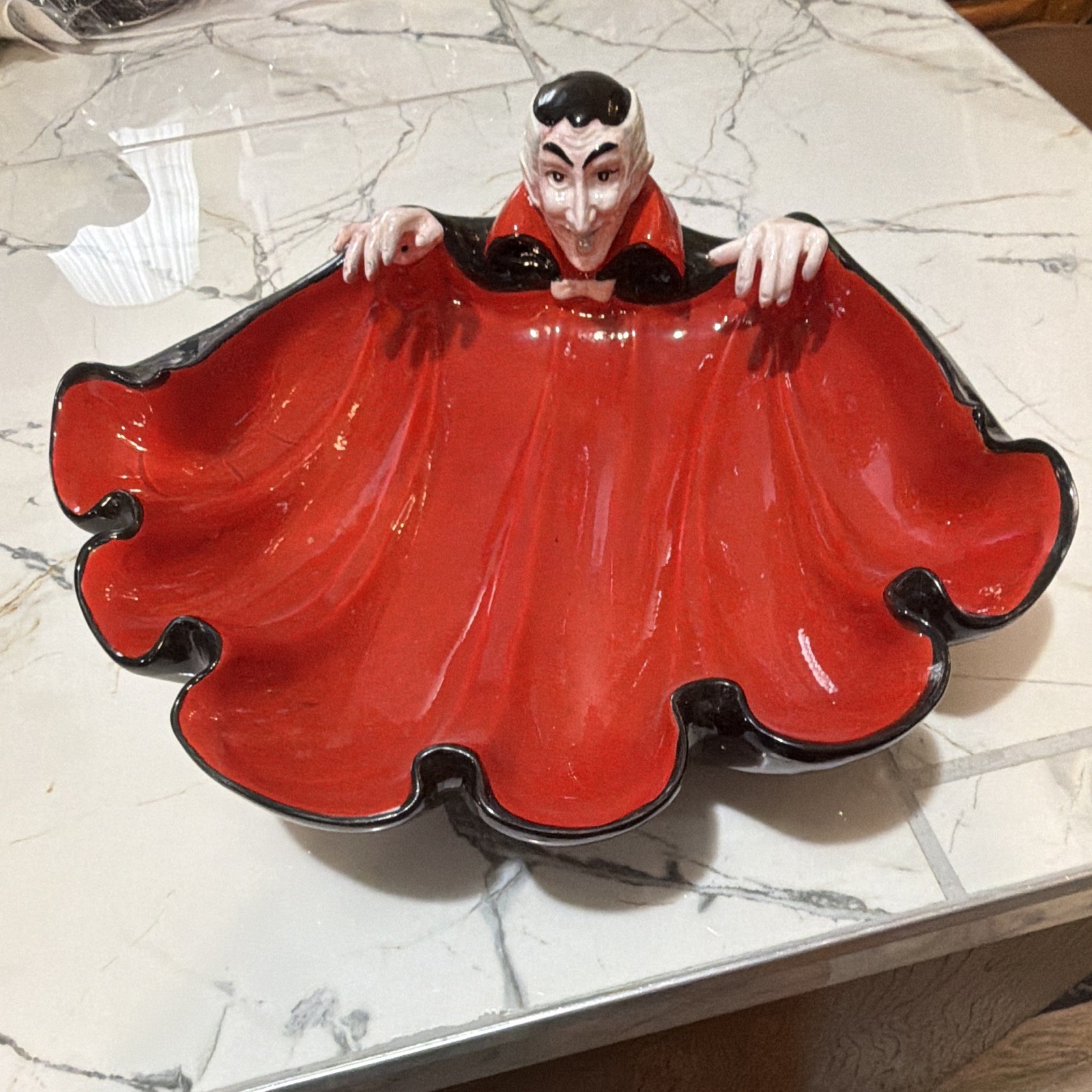 Red and black Dracula-themed Halloween candy serving tray platter