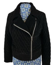 Womens Medium Black Velour Quilted MOTO Jacket Asymmetrical Zip Edgy Winter Luxe