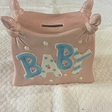 Lefton Pink Ceramic Piggy Bank w/ Blue "BABY" Lettering, Japan