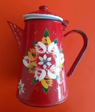 Vintage Retro 1L Red Metal Enamel Coffee Pot Hand Painted Roses Barge Canal Ware