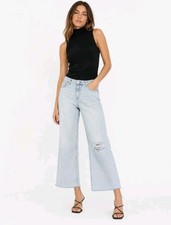Womens Light Wash Wide-Leg Distressed Cropped...