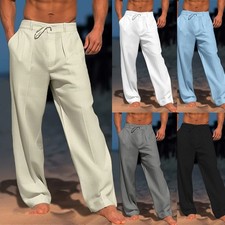Men Cotton Linen Straight Leg Pants Casual Elastic Waist Drawstring Trousers ML 