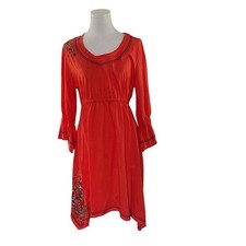 Urban Mango Coral Embroidered Boho Midi Dress L Cotton Handkerchief Hem NWT