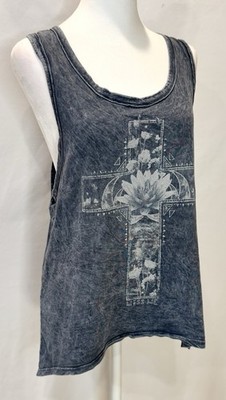 Miss Me Women s Size M Tank Top Charcoal Acid Wash Cross Print Racerback Medium
