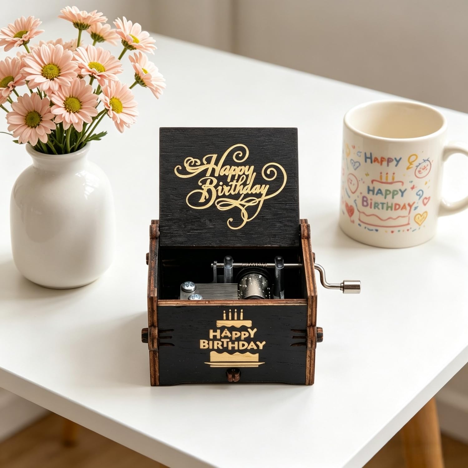 Happy Birthday Wood Music Box, Hand Crank Wooden Musical Box with ...