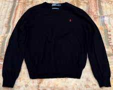 Polo Ralph Lauren Mens Pullover Sweater Black Merino Wool Pony Logo V-Neck Large
