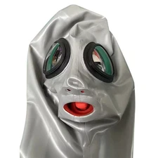 Silver Latex Hood Mask Eyes Glass Lens and 15cm Long Nose Tube Red Teeth 0.4mm