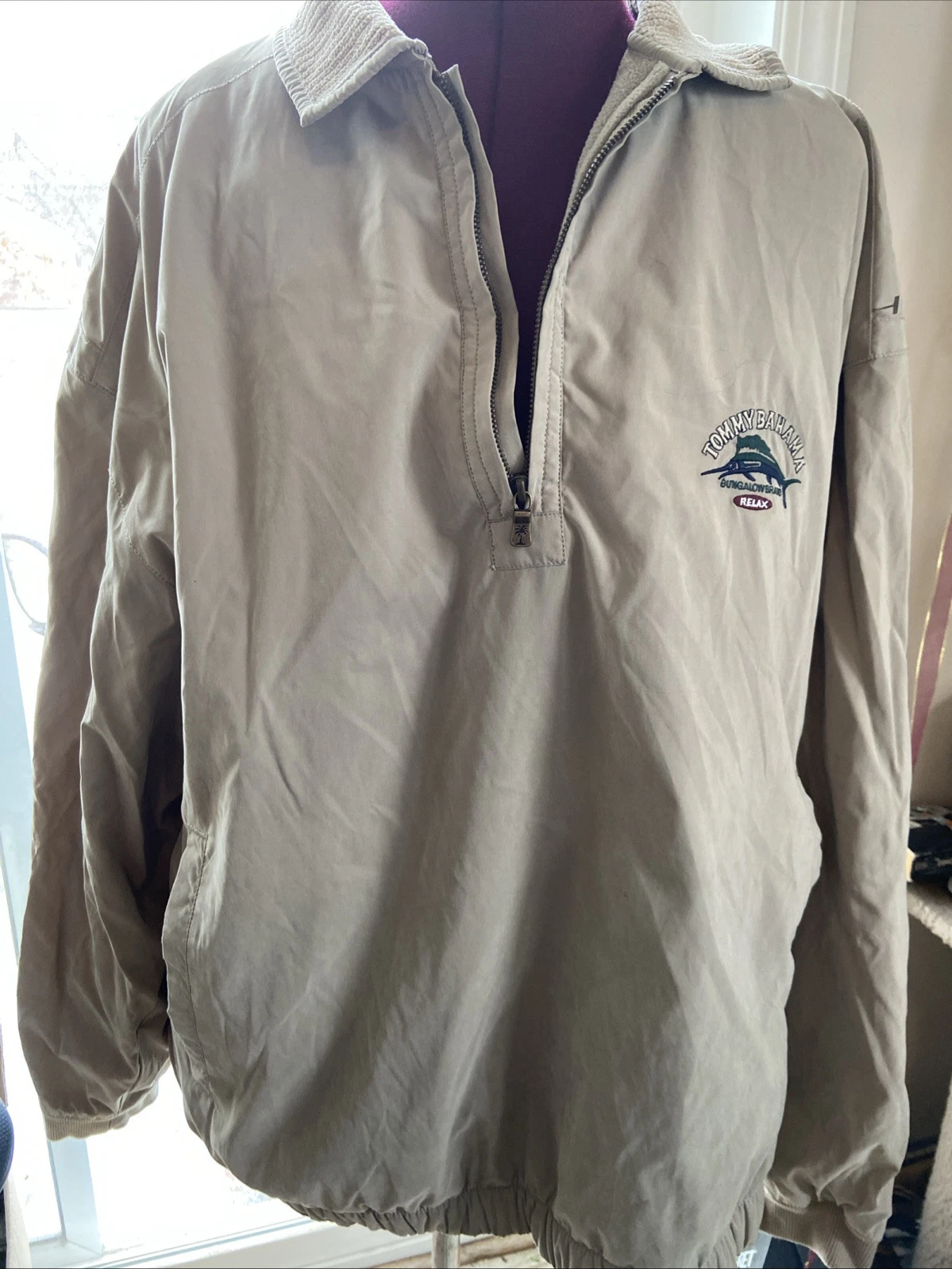 Tommy Bahama Jacket Shacket Mens Size Large Tan Pullover 1/4 Zip Pockets Logo