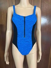 Vtg 80's 90's Swimsuit One Piece Crinkle Stretch Blue Black Zipper Front S/M
