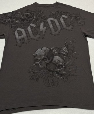 AC DC Shirt Men Medium Gray Skulls T-shirt Metal Rock Cotton